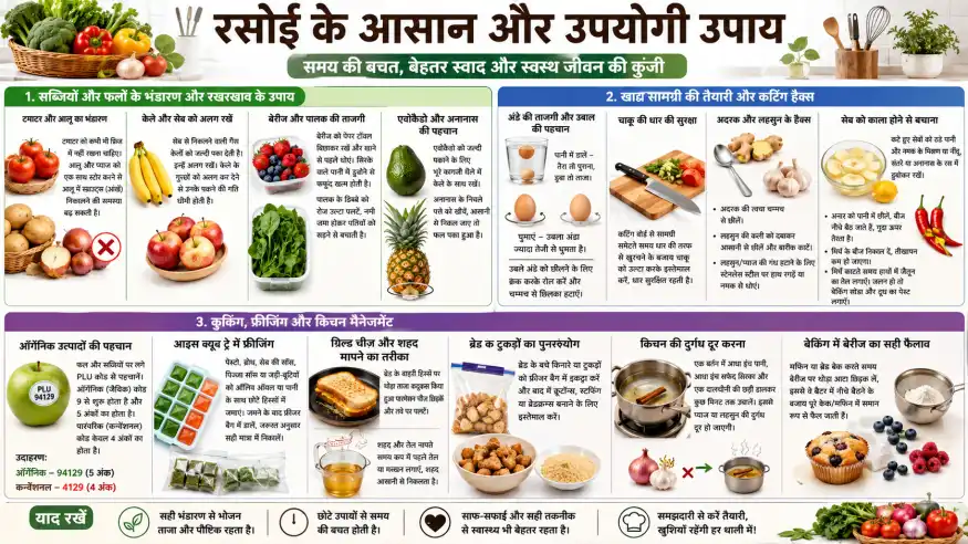 रसोई और कुकिंग के आसान हैक्स: भोजन को ताजा रखने और पकाने के उपयोगी टिप्स रसोई और कुकिंग के आसान हैक्स: भोजन को ताजा रखने और पकाने के उपयोगी टिप्स