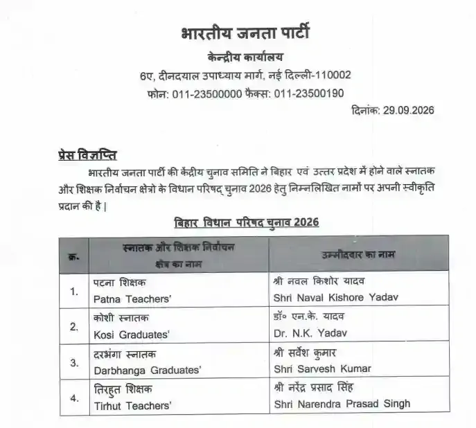 बिहार एमएलसी चुनाव 2026 के लिए एनडीए ने उतारे उम्मीदवार, बीजेपी ने घोषित किए चार नाम